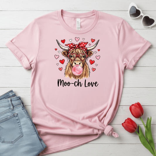 Moo-ch Love Highland Cow Valentine T-Shirt | Cute Bubblegum, Heart Glasses Design