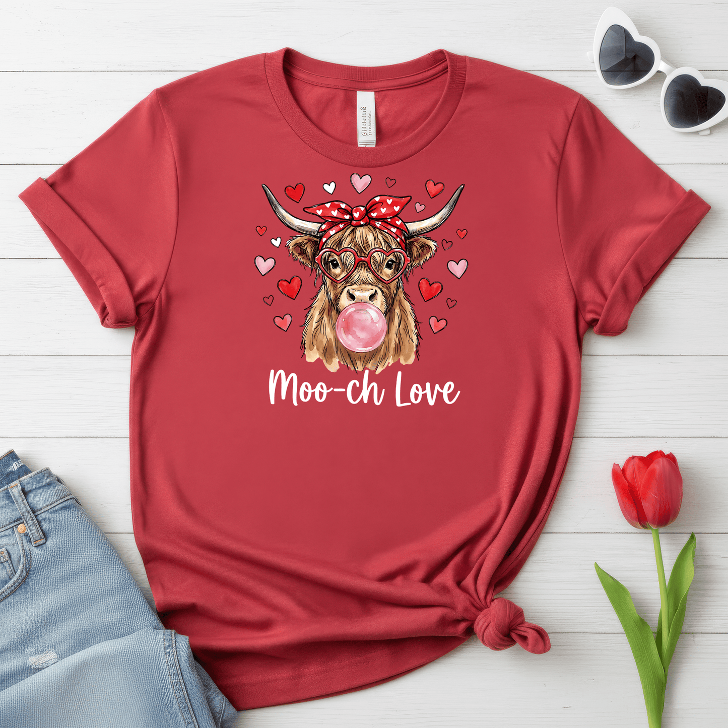 Moo-ch Love Highland Cow Valentine T-Shirt | Cute Bubblegum, Heart Glasses Design