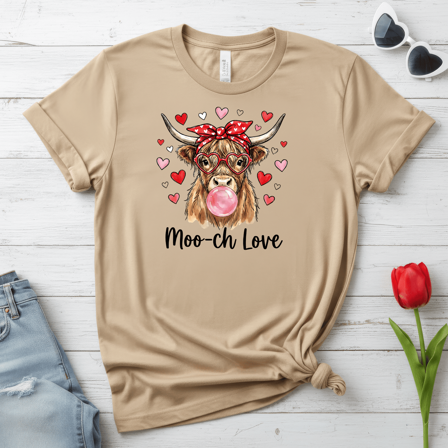 Moo-ch Love Highland Cow Valentine T-Shirt | Cute Bubblegum, Heart Glasses Design