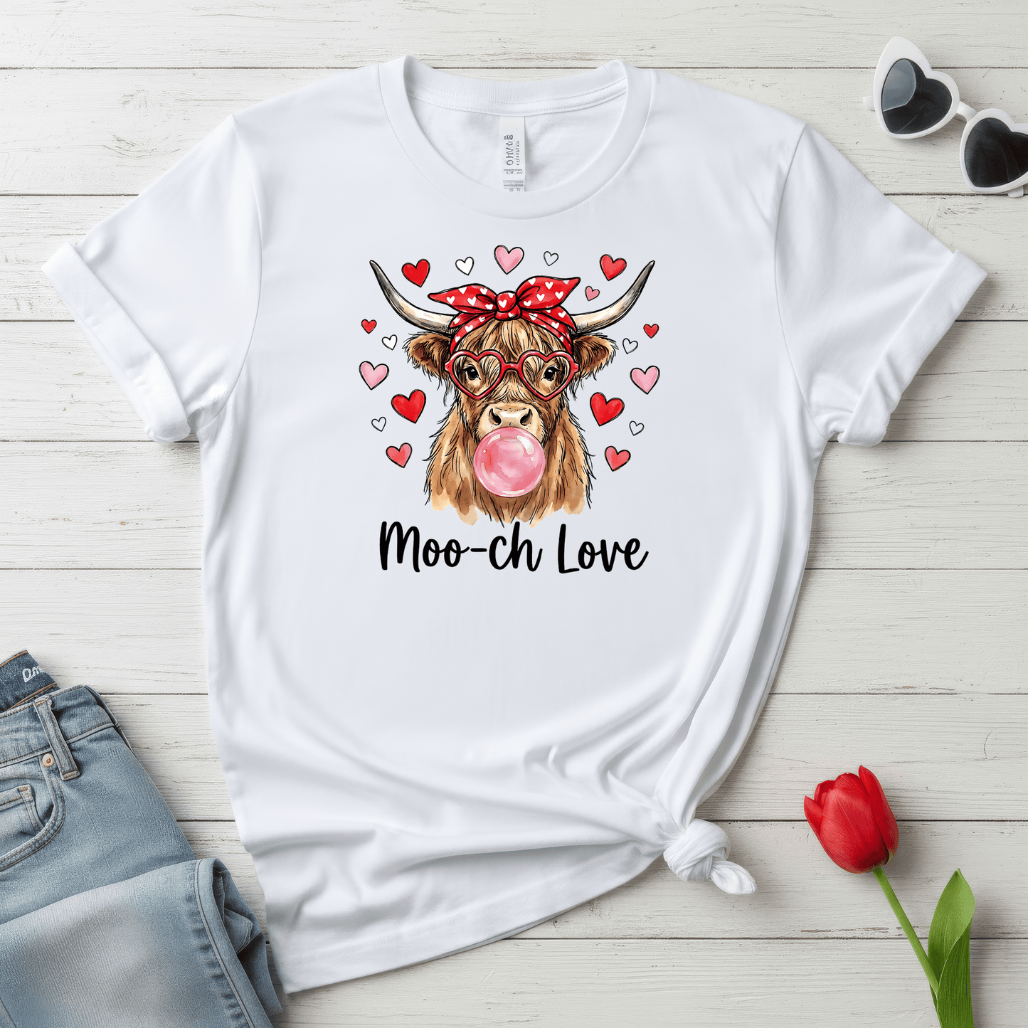 Moo-ch Love Highland Cow Valentine T-Shirt | Cute Bubblegum, Heart Glasses Design