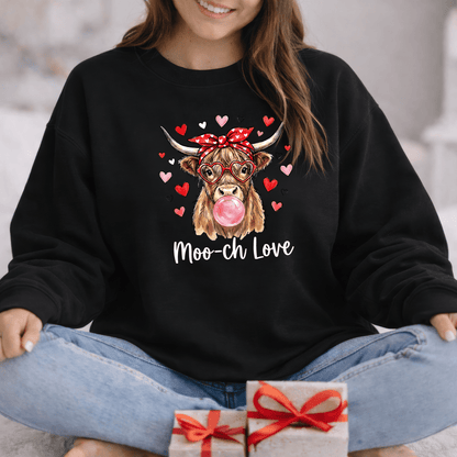 Moo-ch Love Highland Cow Valentine Sweatshirt | Cute Bubblegum, Heart Glasses Design