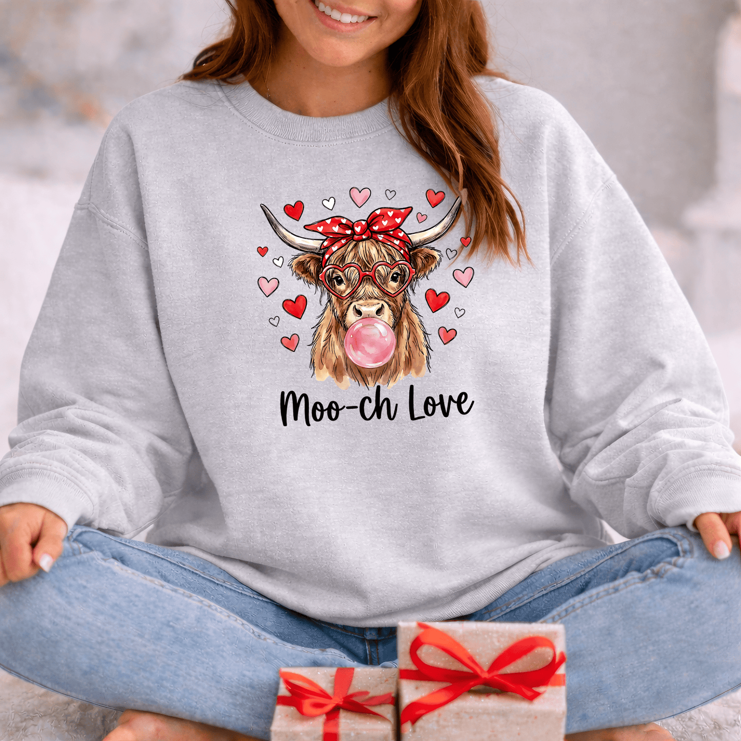 Moo-ch Love Highland Cow Valentine Sweatshirt | Cute Bubblegum, Heart Glasses Design