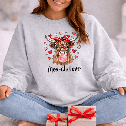 Moo-ch Love Highland Cow Valentine Sweatshirt | Cute Bubblegum, Heart Glasses Design