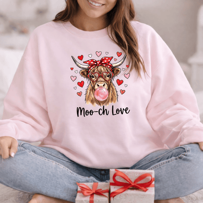 Moo-ch Love Highland Cow Valentine Sweatshirt | Cute Bubblegum, Heart Glasses Design