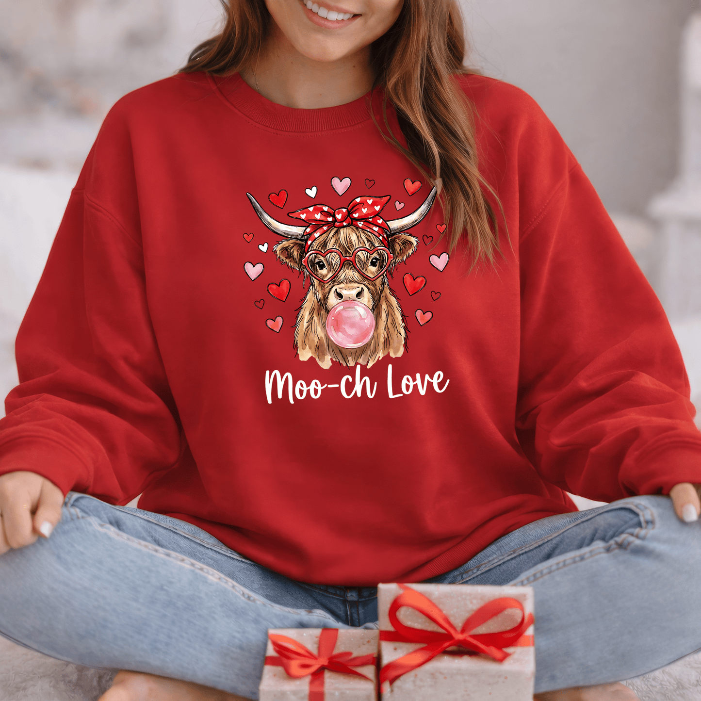 Moo-ch Love Highland Cow Valentine Sweatshirt | Cute Bubblegum, Heart Glasses Design