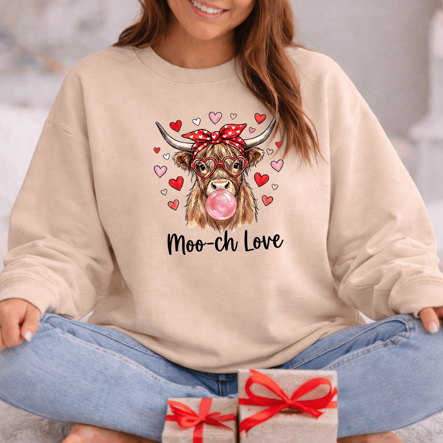 Moo-ch Love Highland Cow Valentine Sweatshirt | Cute Bubblegum, Heart Glasses Design