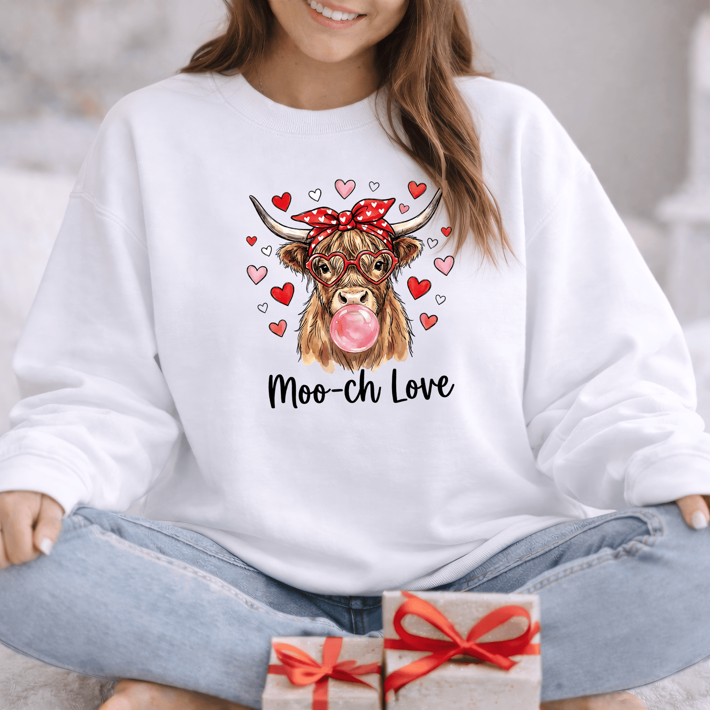 Moo-ch Love Highland Cow Valentine Sweatshirt | Cute Bubblegum, Heart Glasses Design