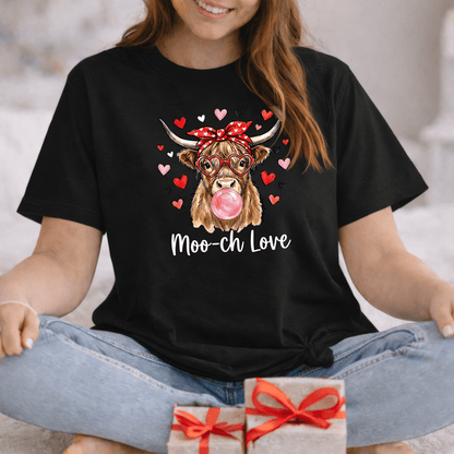 Moo-ch Love Highland Cow Valentine T-Shirt | Cute Bubblegum, Heart Glasses Design
