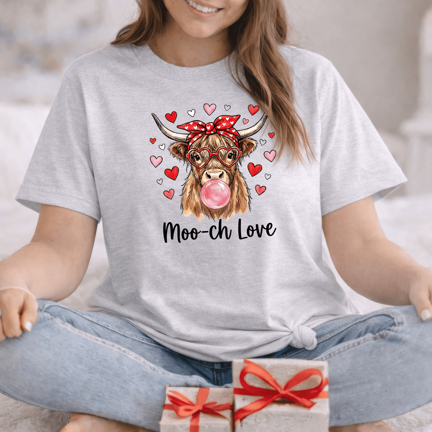 Moo-ch Love Highland Cow Valentine T-Shirt | Cute Bubblegum, Heart Glasses Design