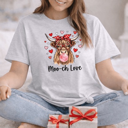 Moo-ch Love Highland Cow Valentine T-Shirt | Cute Bubblegum, Heart Glasses Design
