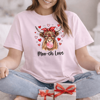 Moo-ch Love Highland Cow Valentine T-Shirt | Cute Bubblegum, Heart Glasses Design