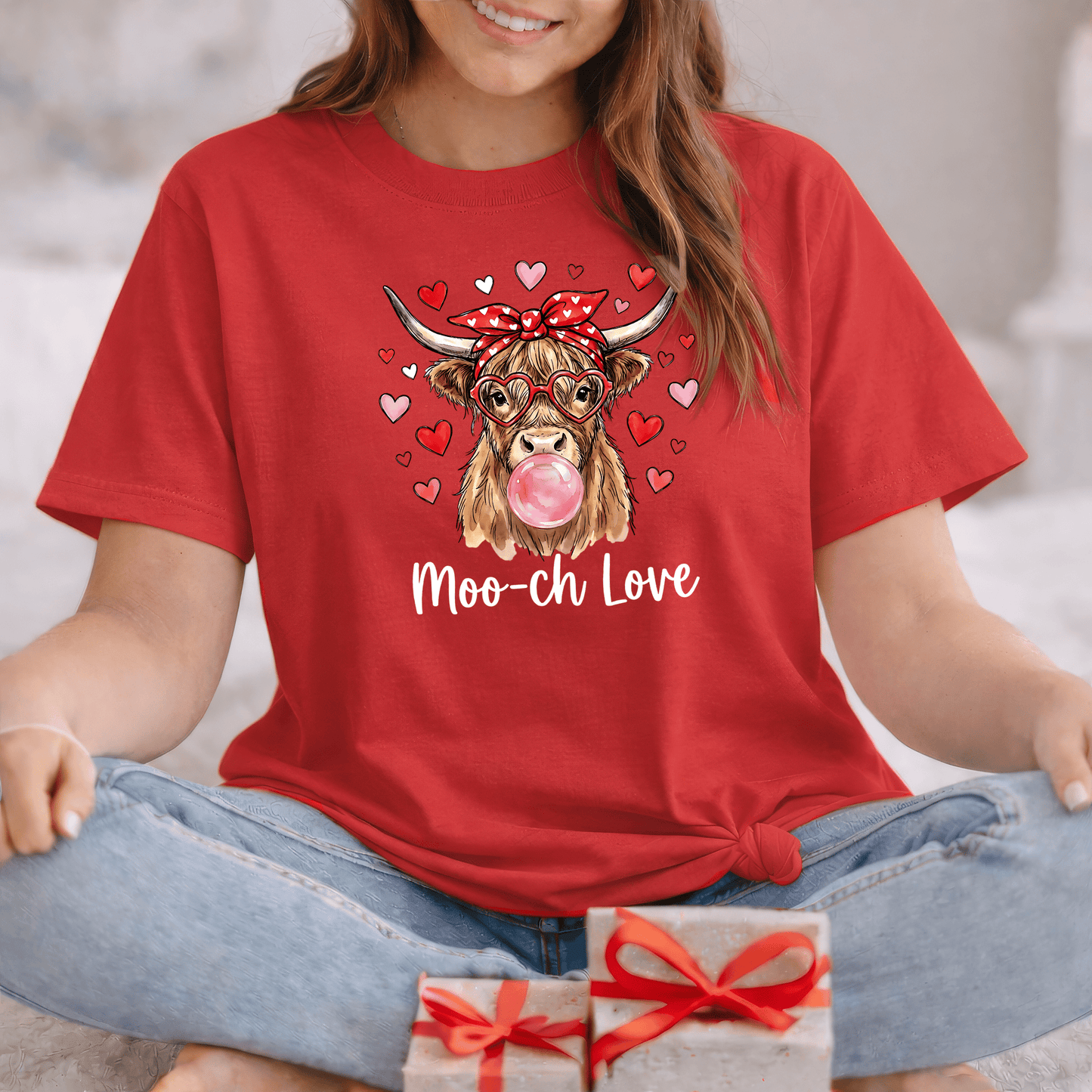 Moo-ch Love Highland Cow Valentine T-Shirt | Cute Bubblegum, Heart Glasses Design