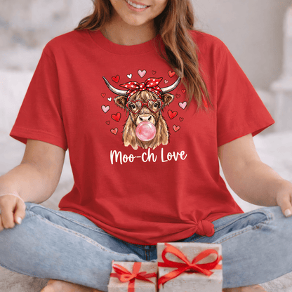 Moo-ch Love Highland Cow Valentine T-Shirt | Cute Bubblegum, Heart Glasses Design