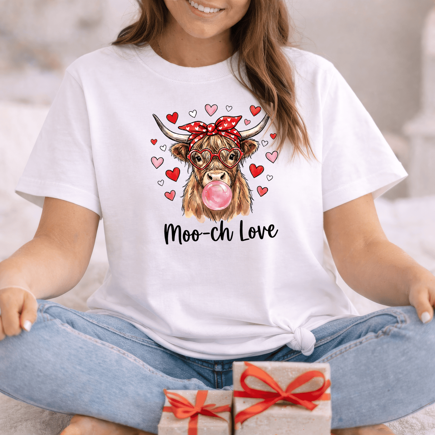 Moo-ch Love Highland Cow Valentine T-Shirt | Cute Bubblegum, Heart Glasses Design