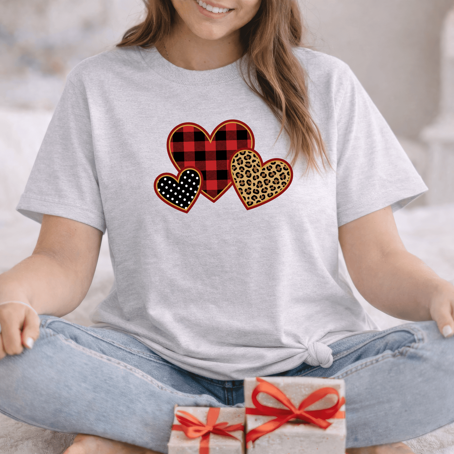 Patterned Hearts Valentine T-Shirt – Buffalo Plaid, Leopard & Polka Dot Love Design