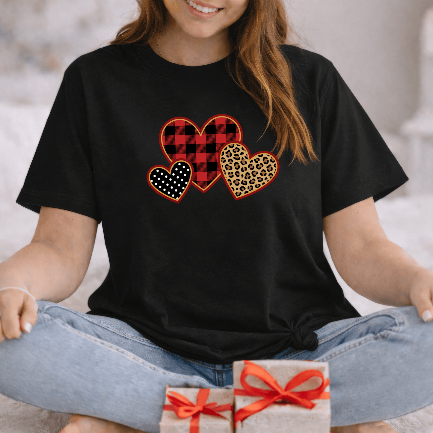 Patterned Hearts Valentine T-Shirt – Buffalo Plaid, Leopard & Polka Dot Love Design