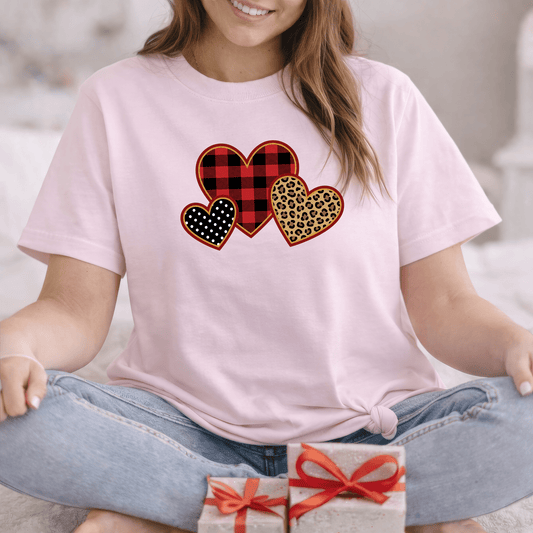 Patterned Hearts Valentine T-Shirt – Buffalo Plaid, Leopard & Polka Dot Love Design