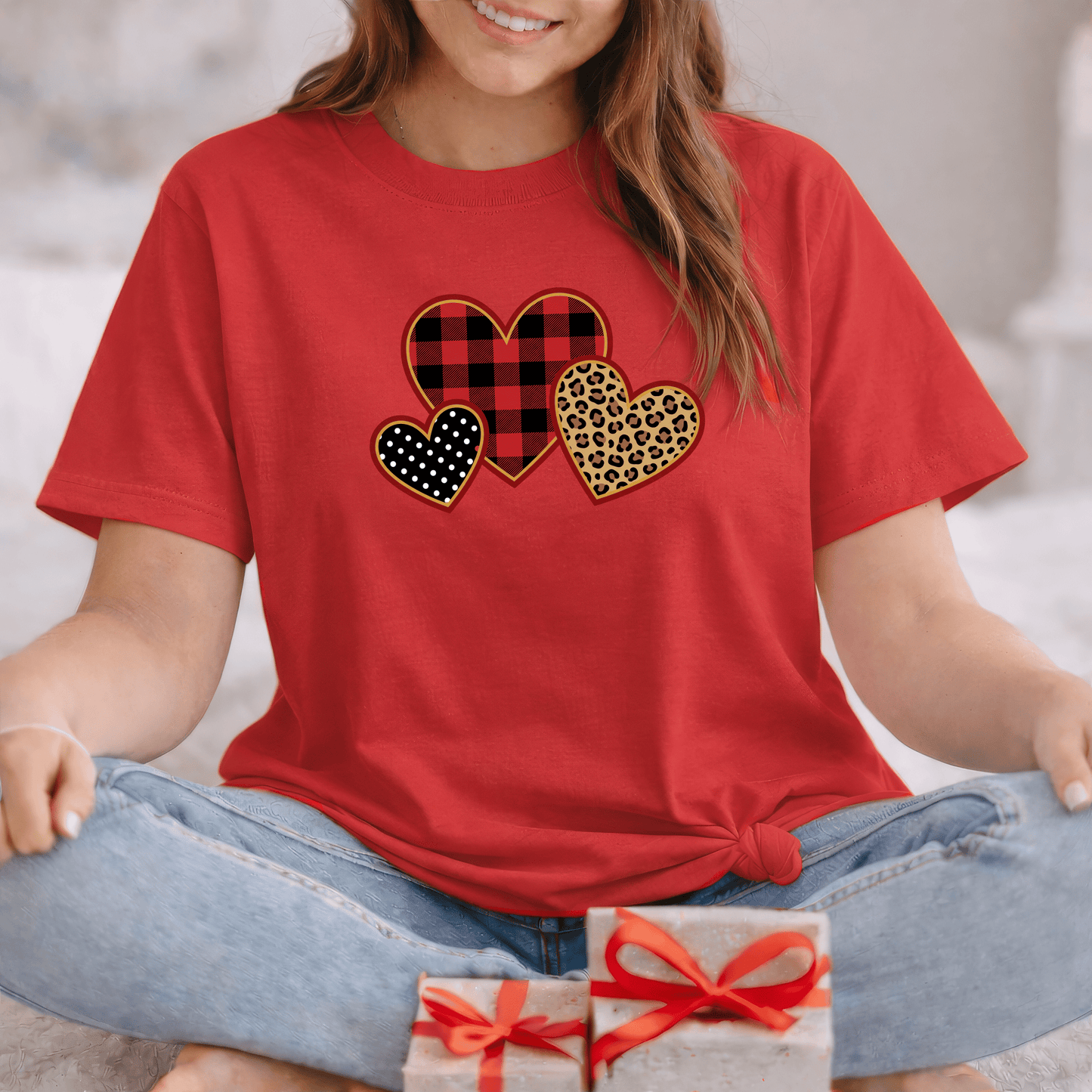 Patterned Hearts Valentine T-Shirt – Buffalo Plaid, Leopard & Polka Dot Love Design