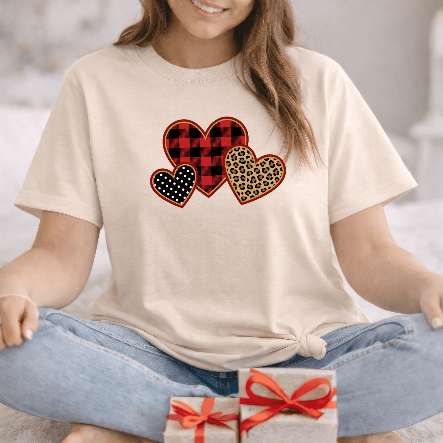 Patterned Hearts Valentine T-Shirt – Buffalo Plaid, Leopard & Polka Dot Love Design