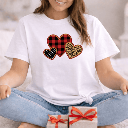 Patterned Hearts Valentine T-Shirt – Buffalo Plaid, Leopard & Polka Dot Love Design