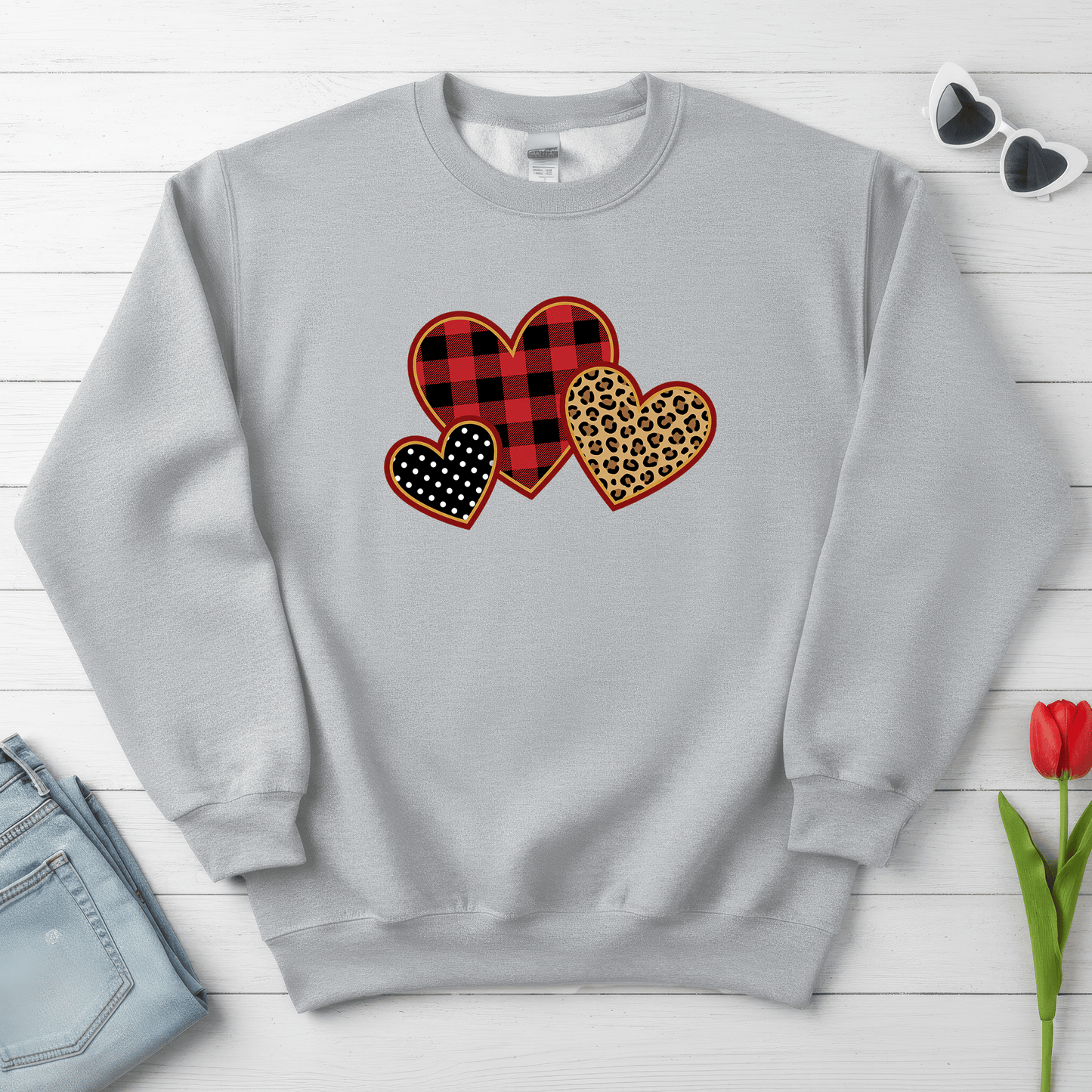 Patterned Hearts Valentine Sweatshirt | Buffalo Plaid, Leopard & Polka Dot Love Design