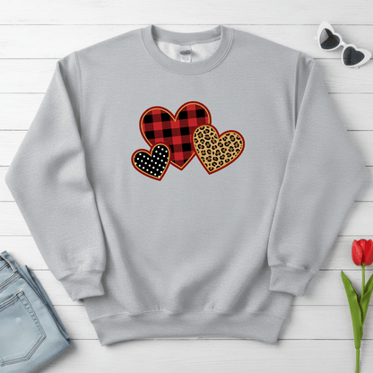 Patterned Hearts Valentine Sweatshirt | Buffalo Plaid, Leopard & Polka Dot Love Design
