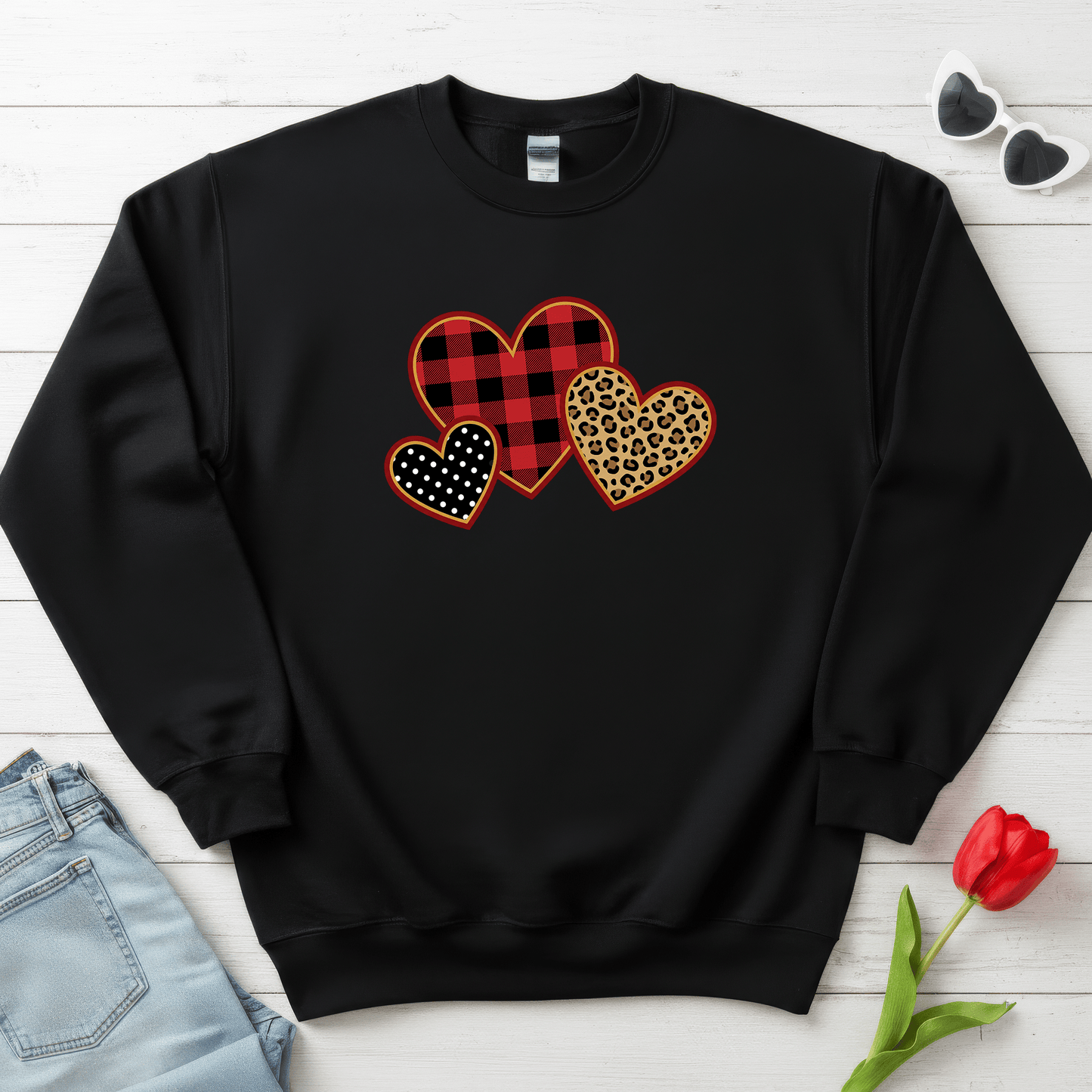 Patterned Hearts Valentine Sweatshirt | Buffalo Plaid, Leopard & Polka Dot Love Design