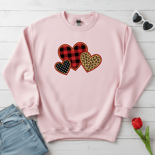 Patterned Hearts Valentine Sweatshirt | Buffalo Plaid, Leopard & Polka Dot Love Design