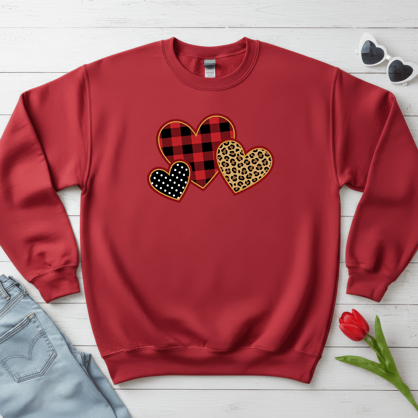 Patterned Hearts Valentine Sweatshirt | Buffalo Plaid, Leopard & Polka Dot Love Design