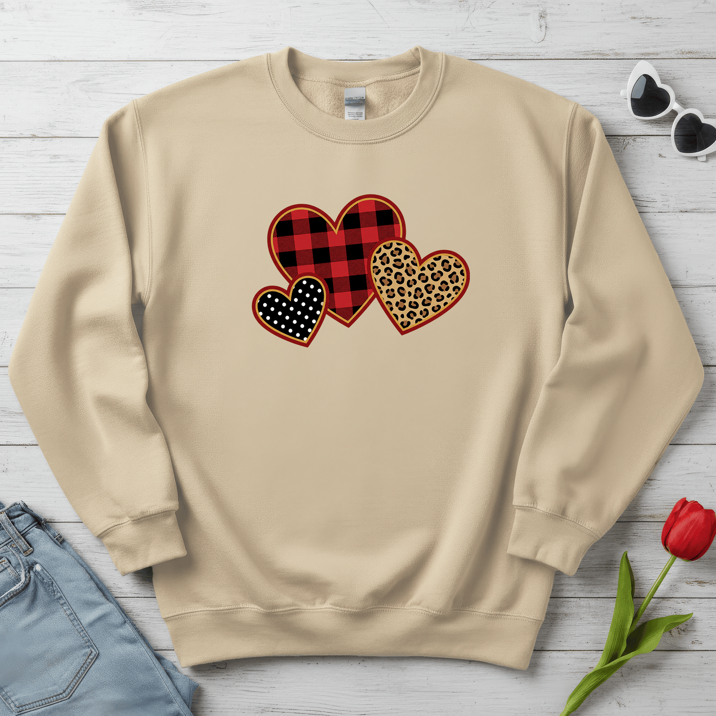 Patterned Hearts Valentine Sweatshirt | Buffalo Plaid, Leopard & Polka Dot Love Design