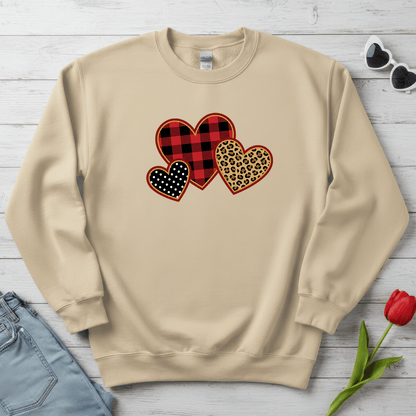 Patterned Hearts Valentine Sweatshirt | Buffalo Plaid, Leopard & Polka Dot Love Design