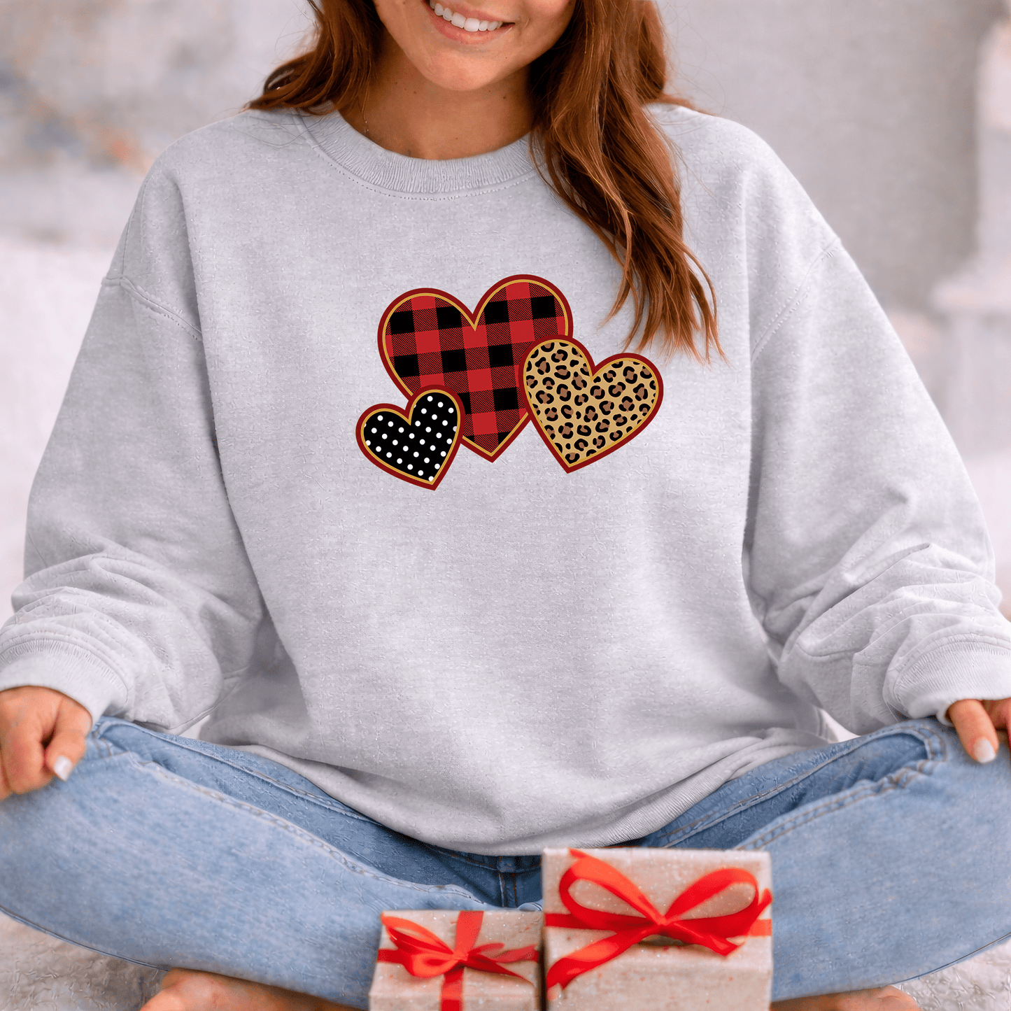 Patterned Hearts Valentine Sweatshirt | Buffalo Plaid, Leopard & Polka Dot Love Design