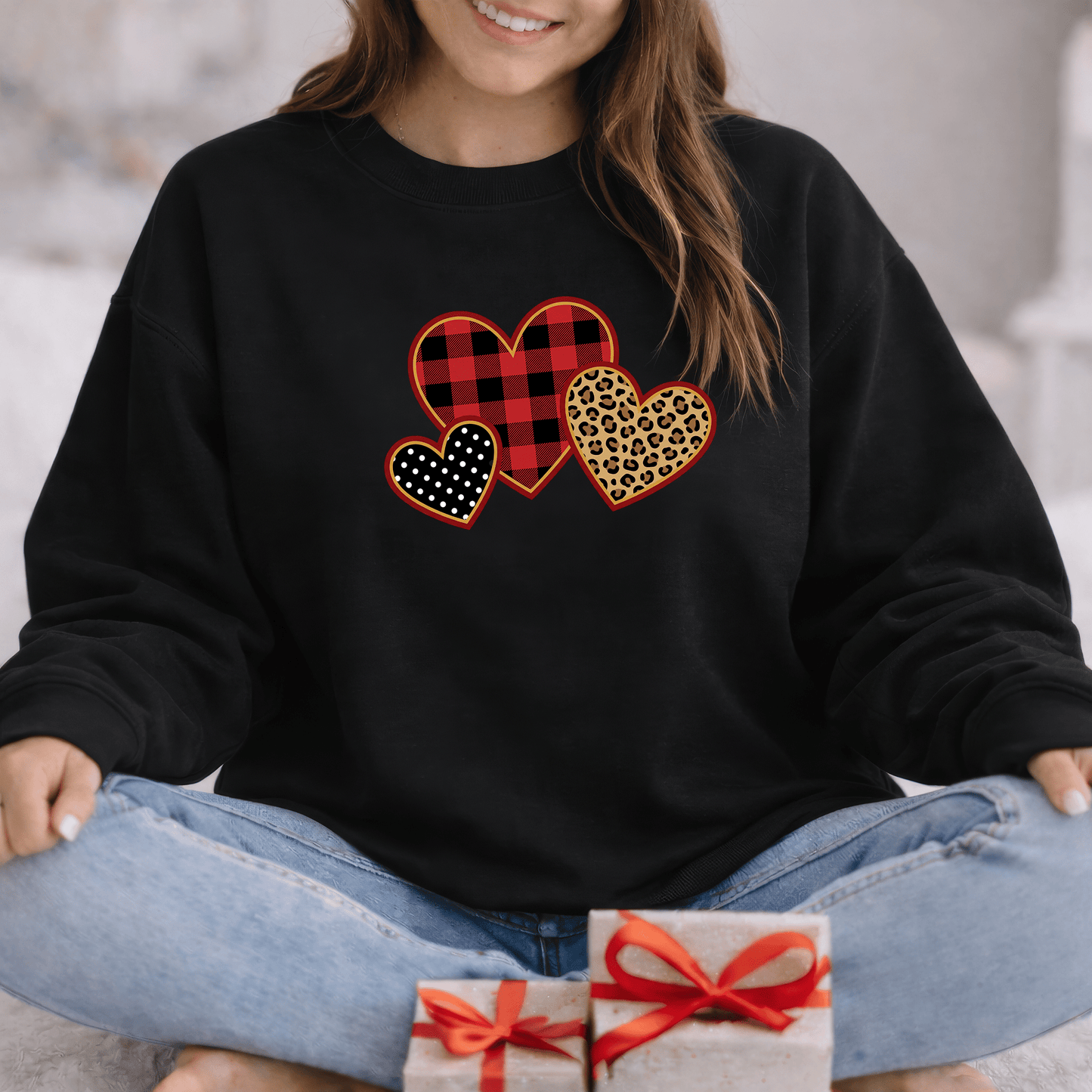 Patterned Hearts Valentine Sweatshirt | Buffalo Plaid, Leopard & Polka Dot Love Design