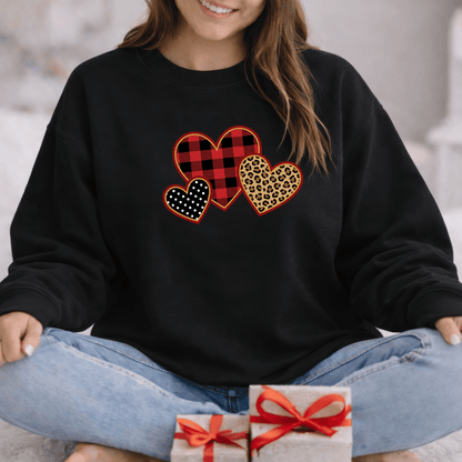 Patterned Hearts Valentine Sweatshirt | Buffalo Plaid, Leopard & Polka Dot Love Design