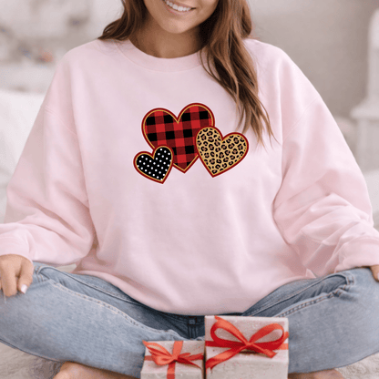 Patterned Hearts Valentine Sweatshirt | Buffalo Plaid, Leopard & Polka Dot Love Design