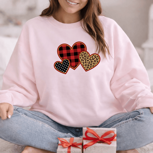 Patterned Hearts Valentine Sweatshirt | Buffalo Plaid, Leopard & Polka Dot Love Design