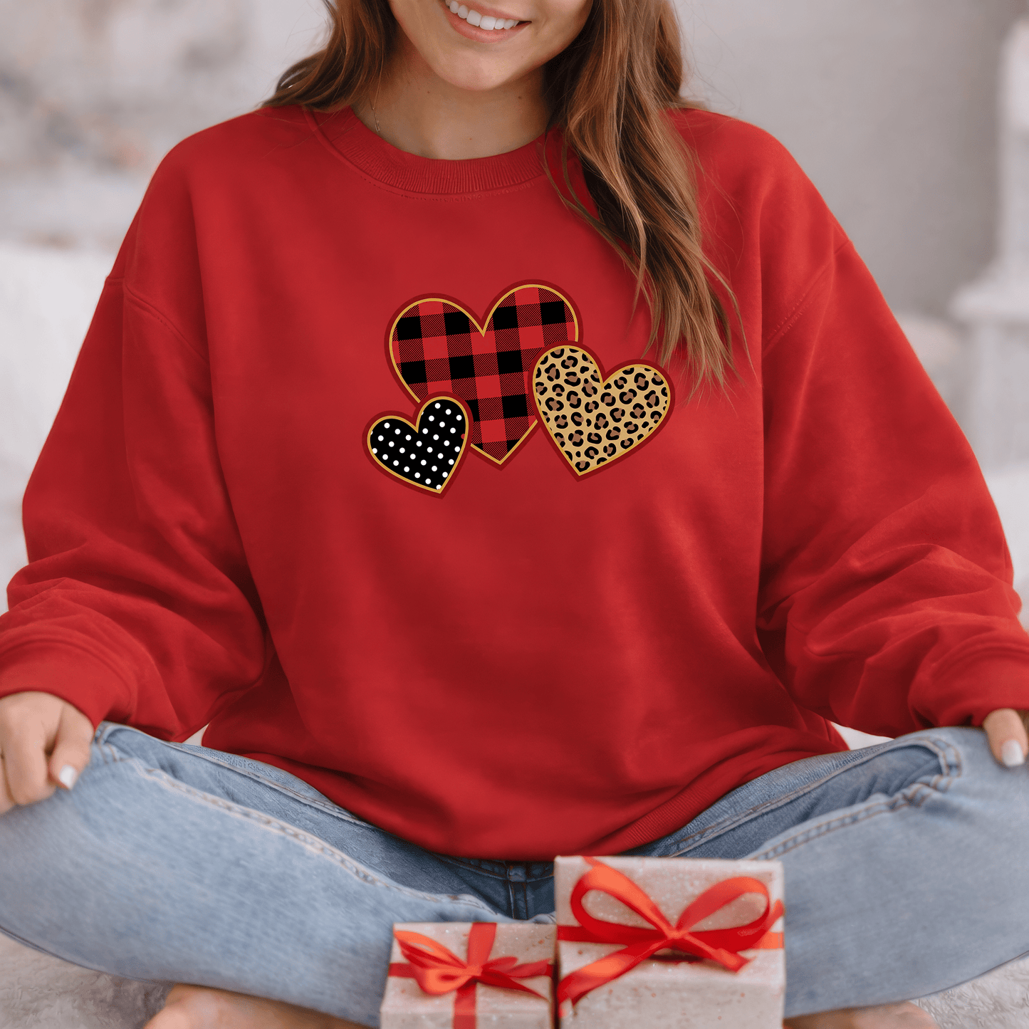 Patterned Hearts Valentine Sweatshirt | Buffalo Plaid, Leopard & Polka Dot Love Design
