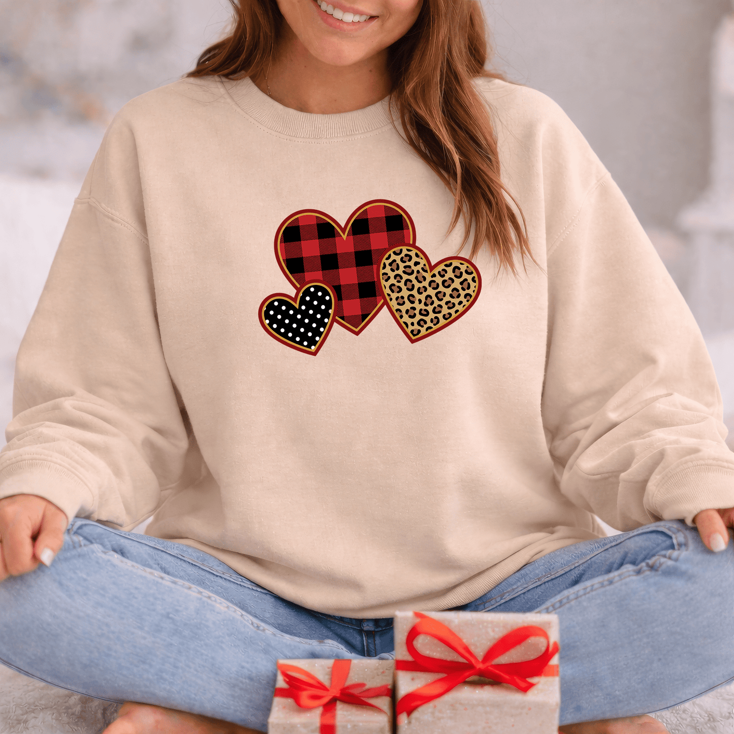 Patterned Hearts Valentine Sweatshirt | Buffalo Plaid, Leopard & Polka Dot Love Design