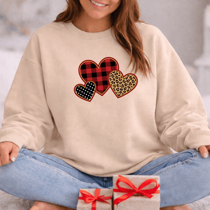 Patterned Hearts Valentine Sweatshirt | Buffalo Plaid, Leopard & Polka Dot Love Design
