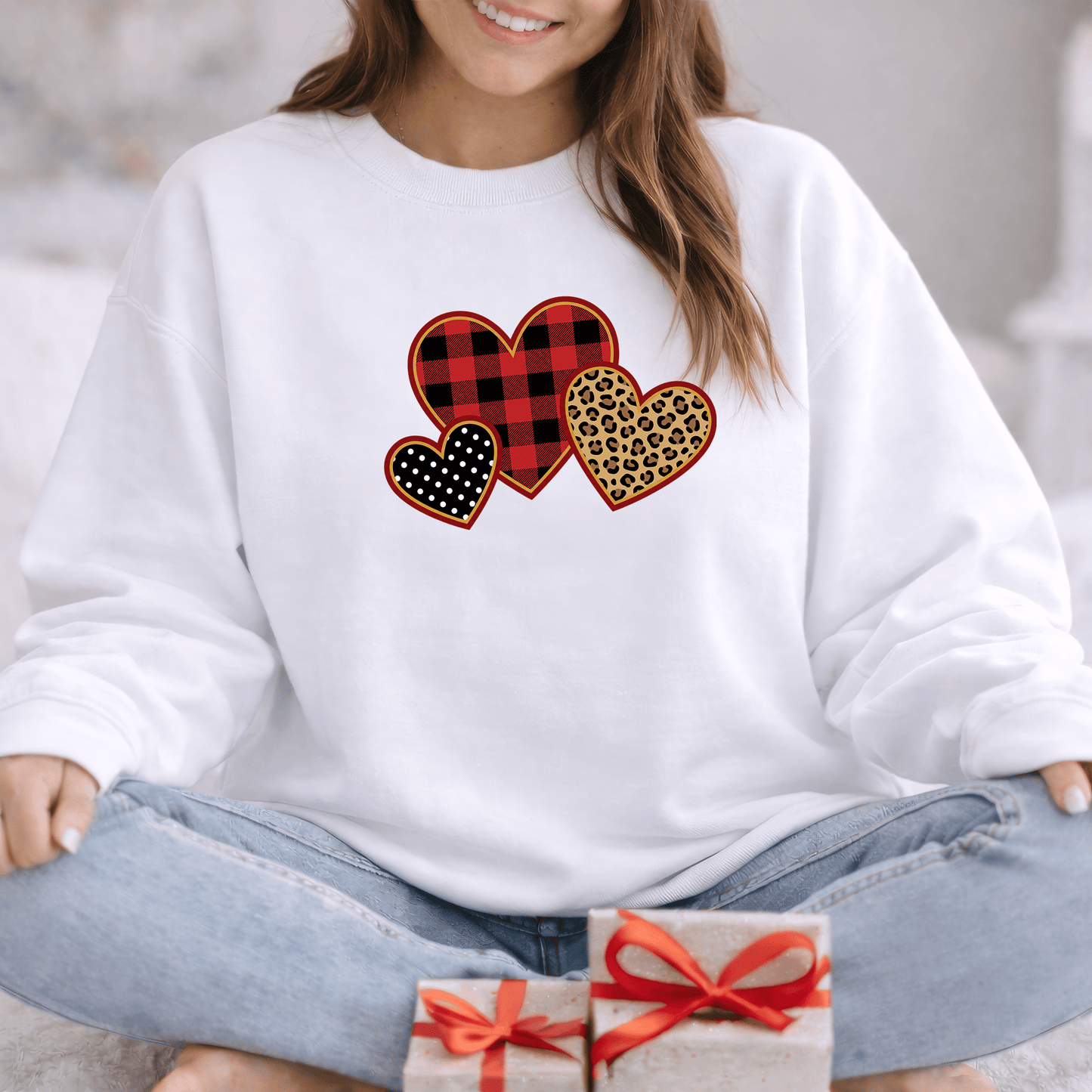 Patterned Hearts Valentine Sweatshirt | Buffalo Plaid, Leopard & Polka Dot Love Design