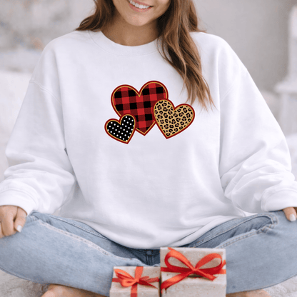 Patterned Hearts Valentine Sweatshirt | Buffalo Plaid, Leopard & Polka Dot Love Design