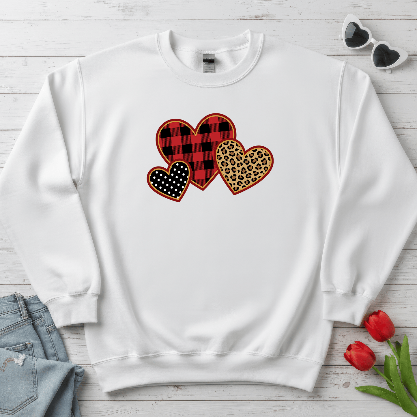 Patterned Hearts Valentine Sweatshirt | Buffalo Plaid, Leopard & Polka Dot Love Design