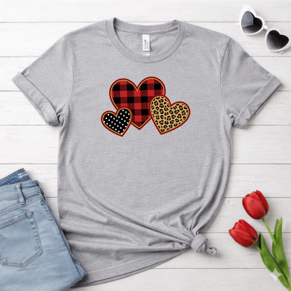 Patterned Hearts Valentine T-Shirt – Buffalo Plaid, Leopard & Polka Dot Love Design