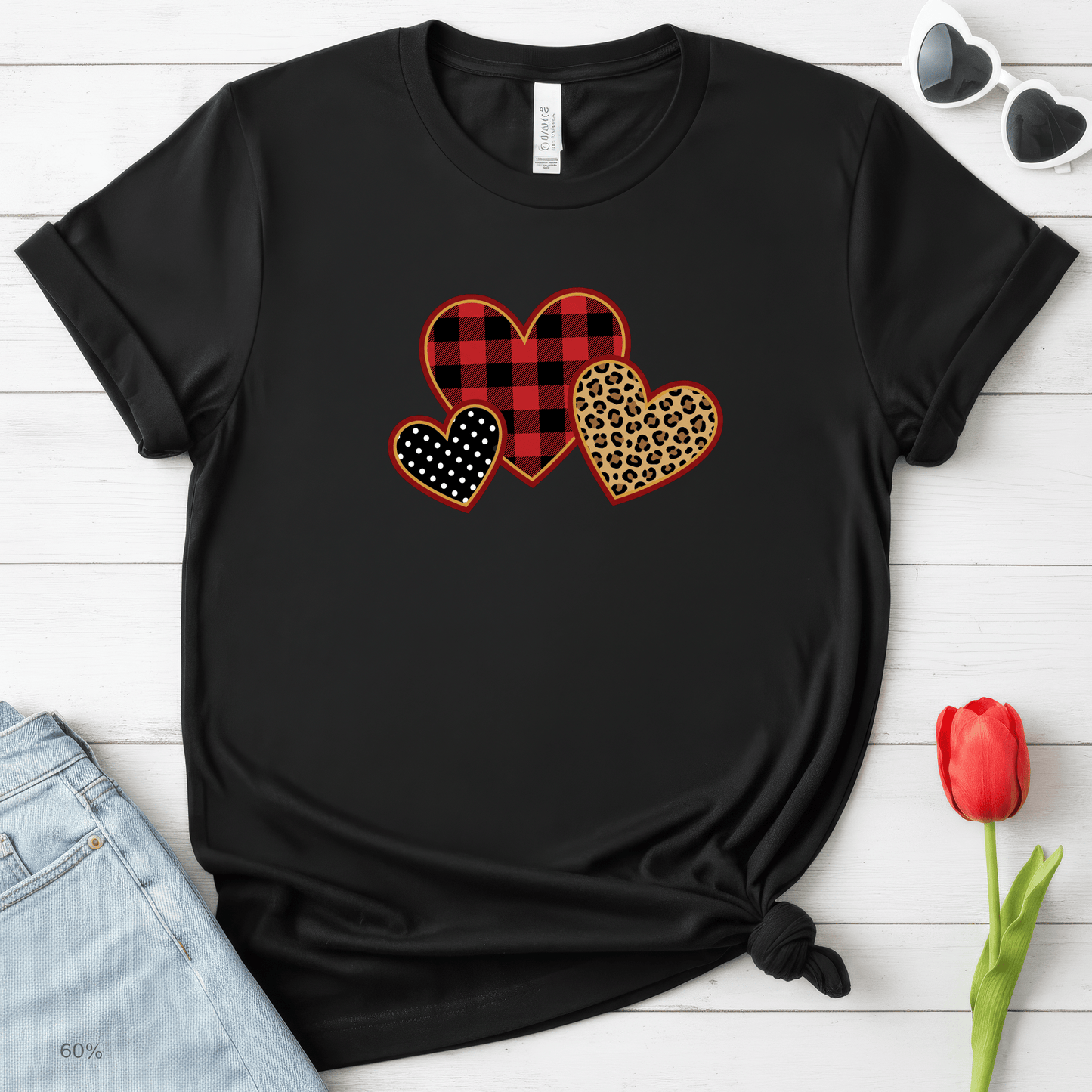 Patterned Hearts Valentine T-Shirt – Buffalo Plaid, Leopard & Polka Dot Love Design