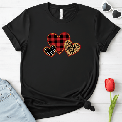Patterned Hearts Valentine T-Shirt – Buffalo Plaid, Leopard & Polka Dot Love Design
