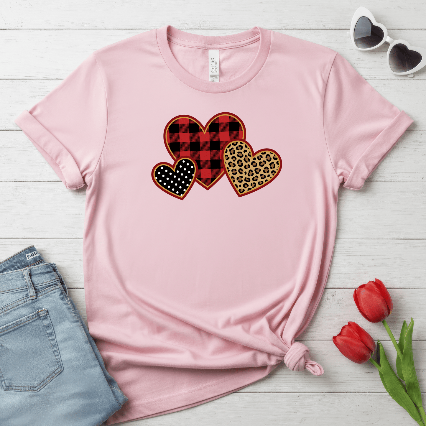 Patterned Hearts Valentine T-Shirt – Buffalo Plaid, Leopard & Polka Dot Love Design