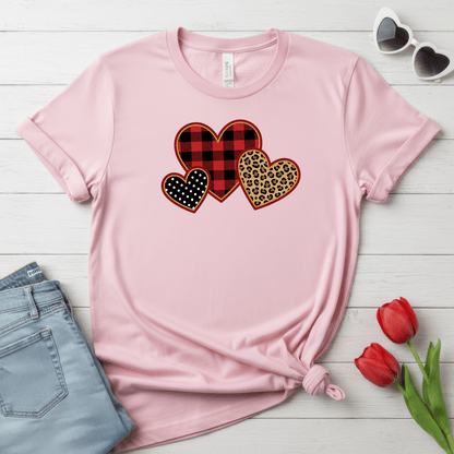 Patterned Hearts Valentine T-Shirt – Buffalo Plaid, Leopard & Polka Dot Love Design