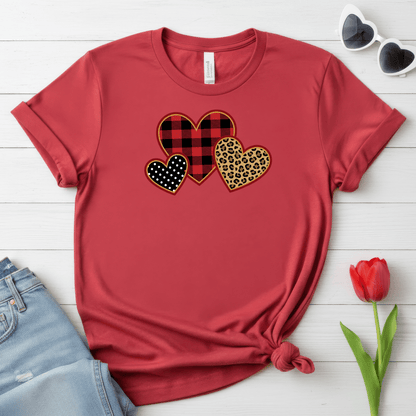 Patterned Hearts Valentine T-Shirt – Buffalo Plaid, Leopard & Polka Dot Love Design