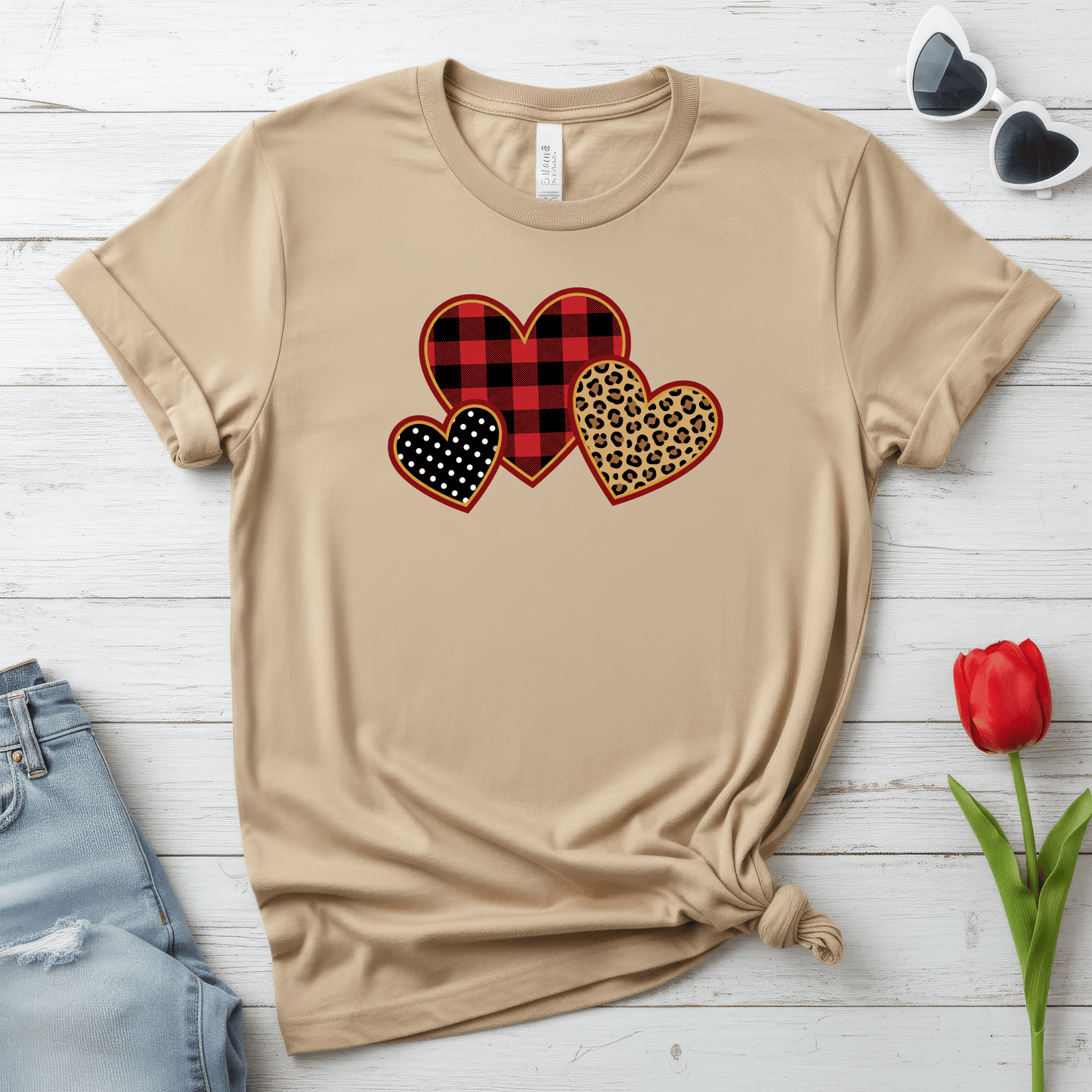 Patterned Hearts Valentine T-Shirt – Buffalo Plaid, Leopard & Polka Dot Love Design