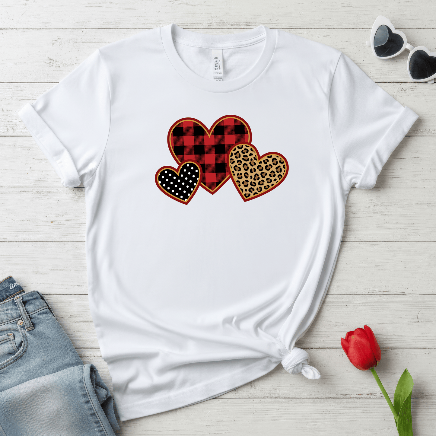 Patterned Hearts Valentine T-Shirt – Buffalo Plaid, Leopard & Polka Dot Love Design